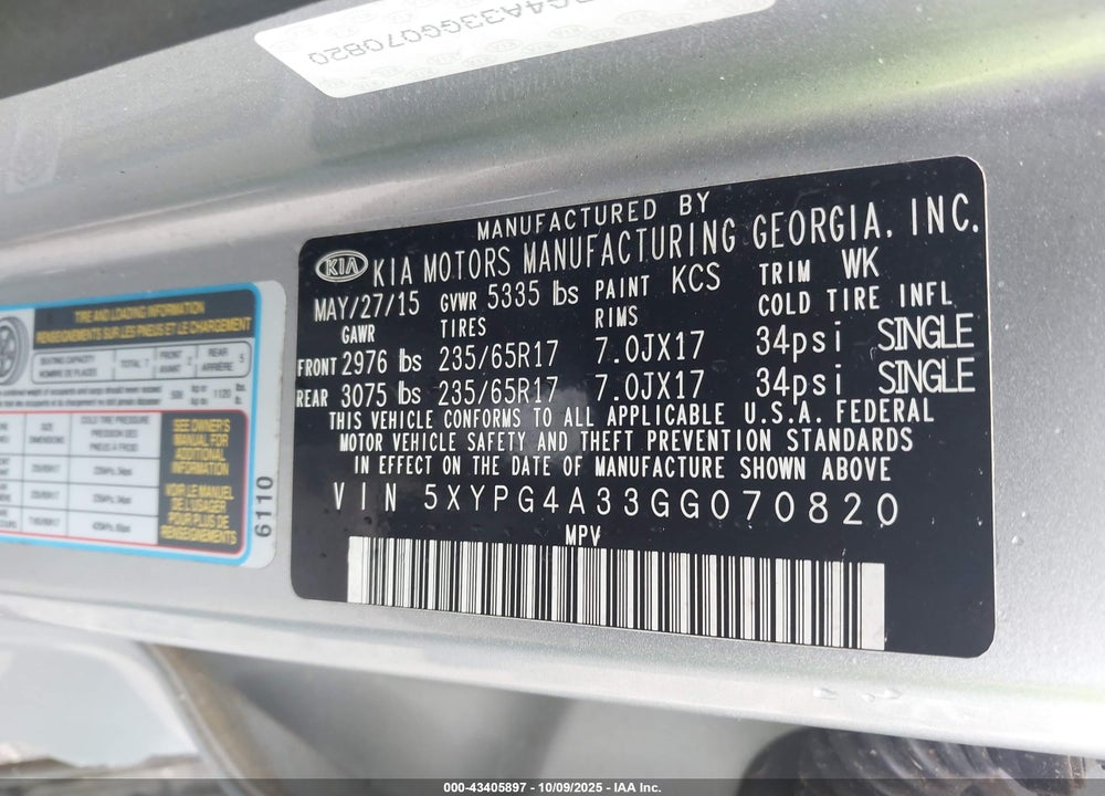 2016 KIA SORENTO VIN: 5XYPG4A33GG070820