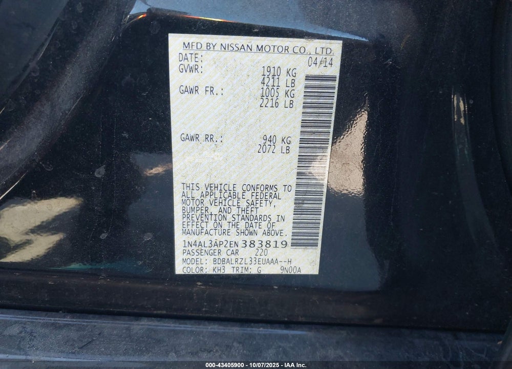 2014 NISSAN ALTIMA VIN: 1N4AL3AP2EN383819