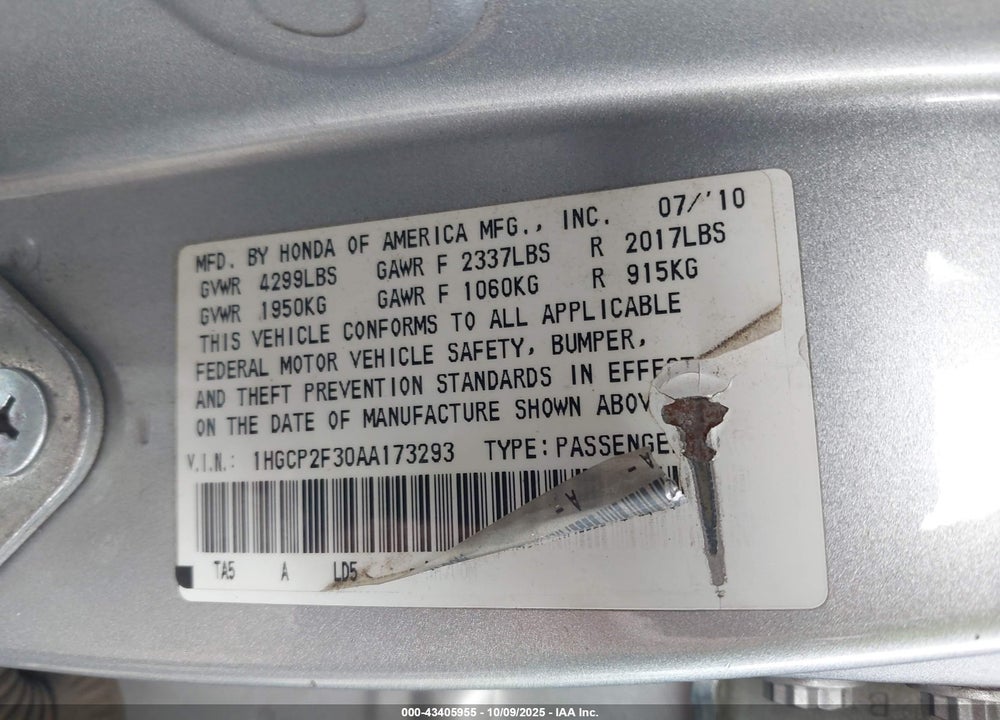 2010 HONDA ACCORD VIN: 1HGCP2F30AA173293