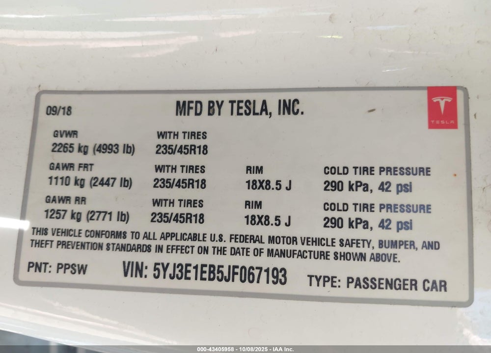2018 TESLA MODEL 3 LONG RANGE/PERFORMANCE VIN: 5YJ3E1EB5JF067193