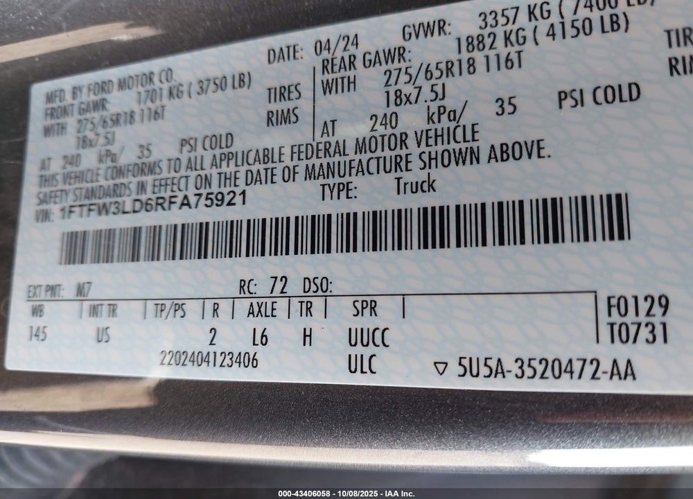 2024 FORD F-150 VIN: 1FTFW3LD6RFA75921
