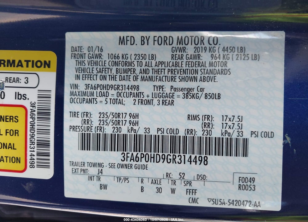 2016 FORD FUSION SE VIN: 3FA6P0HD9GR314498