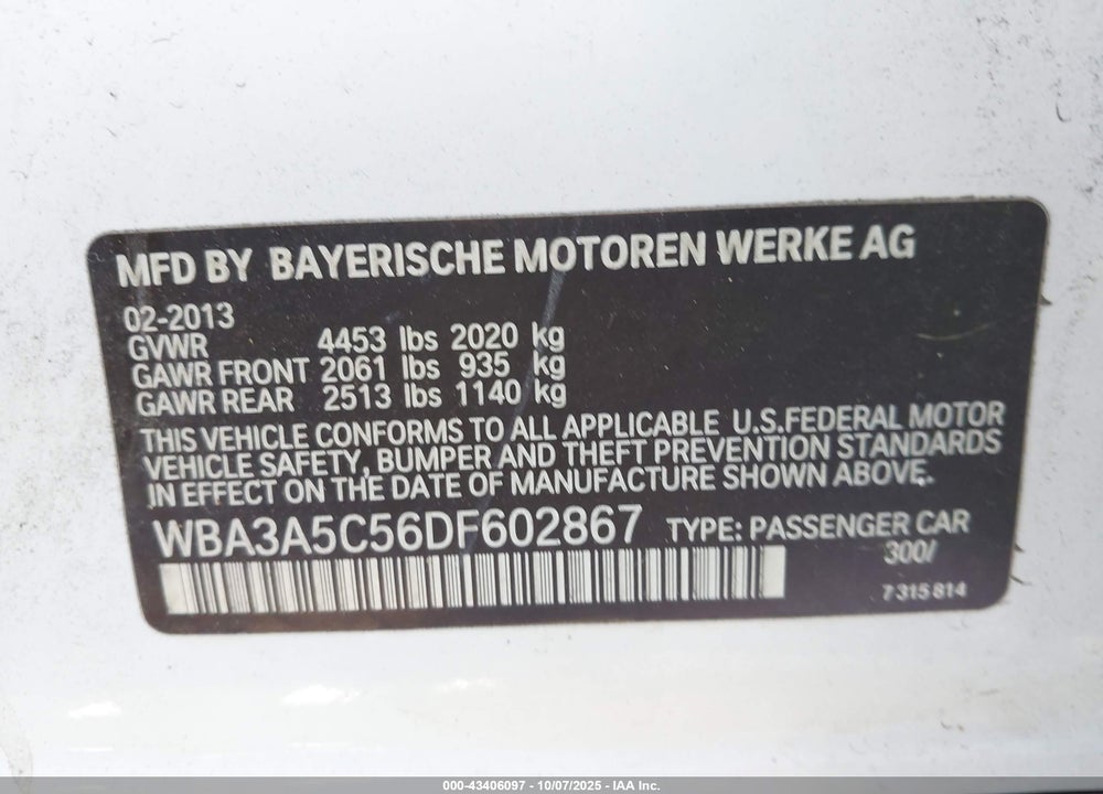 2013 BMW 3 SERIES VIN: WBA3A5C56DF602867