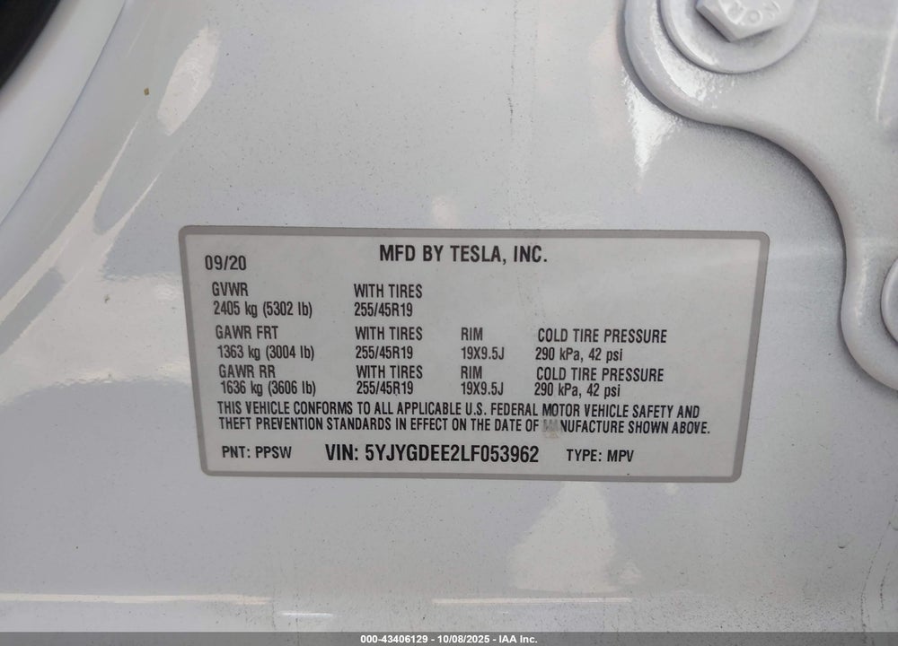 2020 TESLA MODEL Y VIN: 5YJYGDEE2LF053962