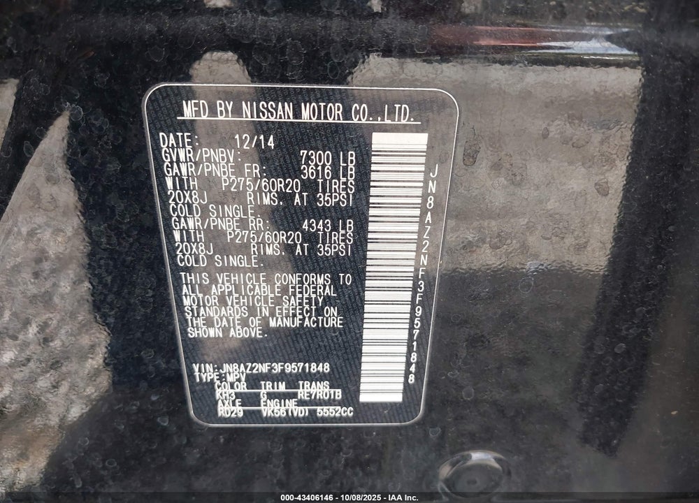 2015 INFINITI QX80 VIN: JN8AZ2NF3F9571848