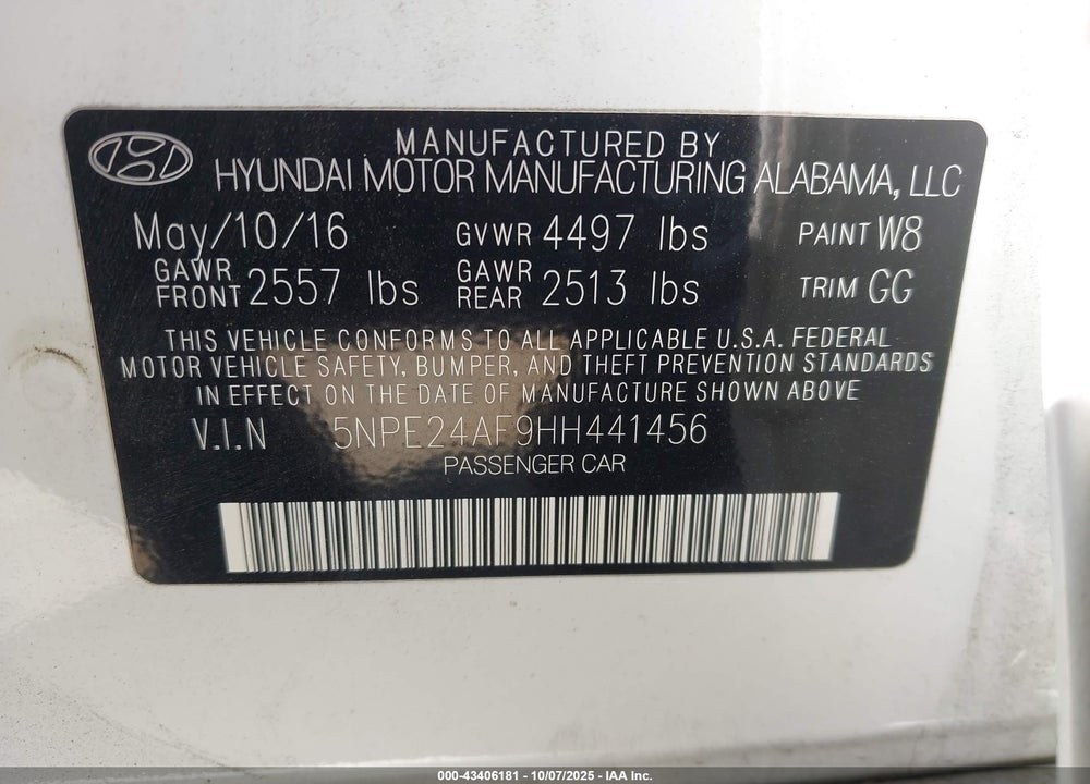 2017 HYUNDAI SONATA VIN: 5NPE24AF9HH441456