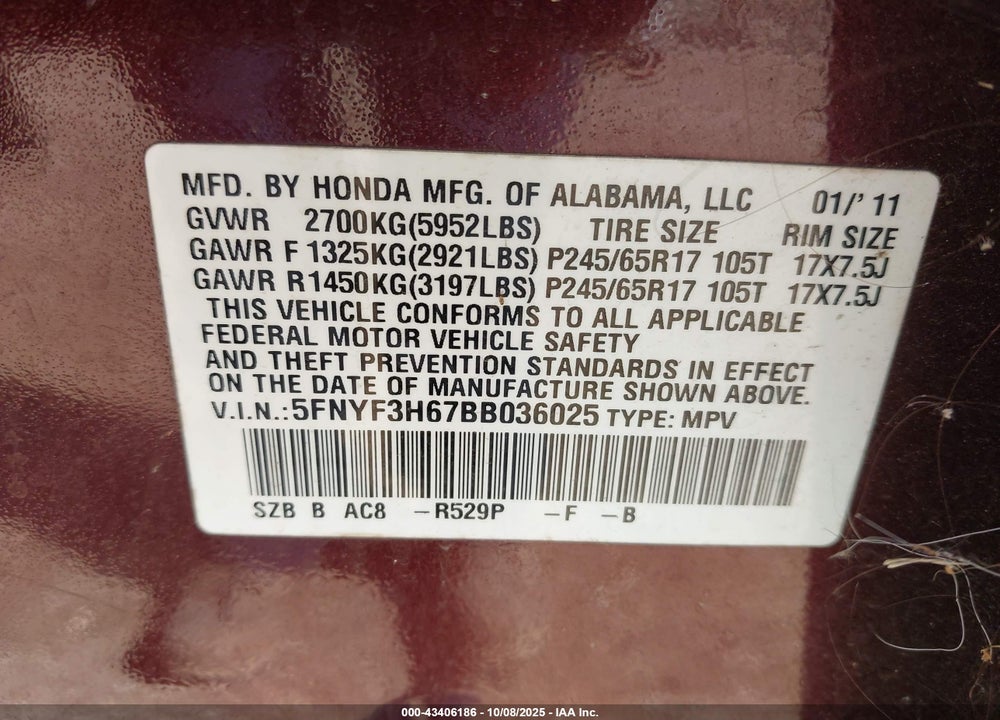 2011 HONDA PILOT VIN: 5FNYF3H67BB036025