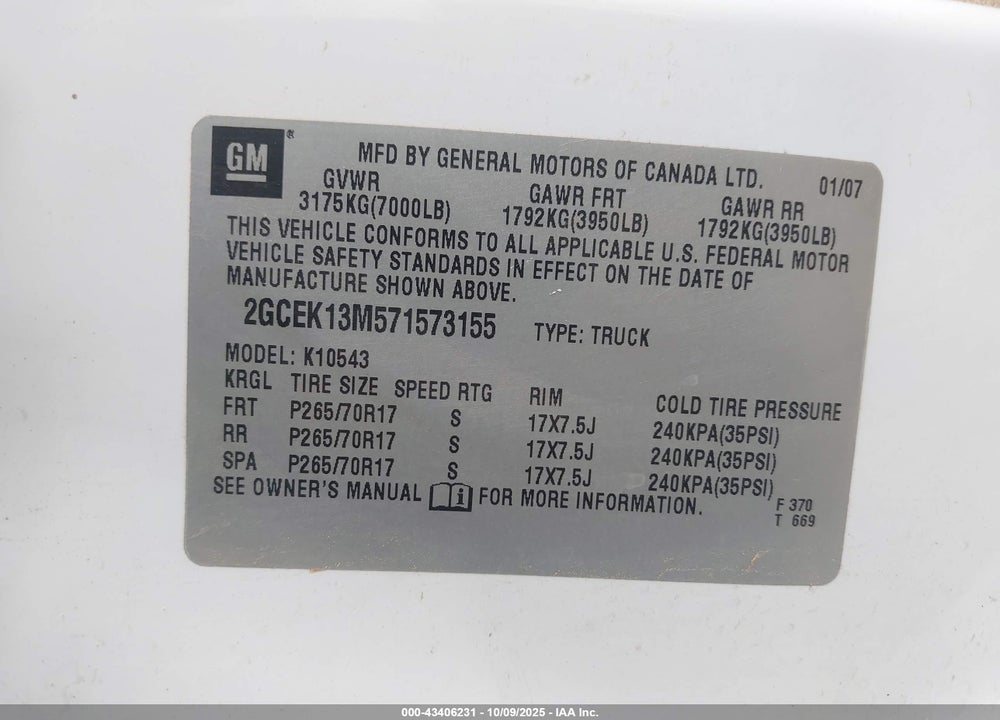 2007 CHEVROLET SILVERADO 1500 LT1 VIN: 2GCEK13M571573155