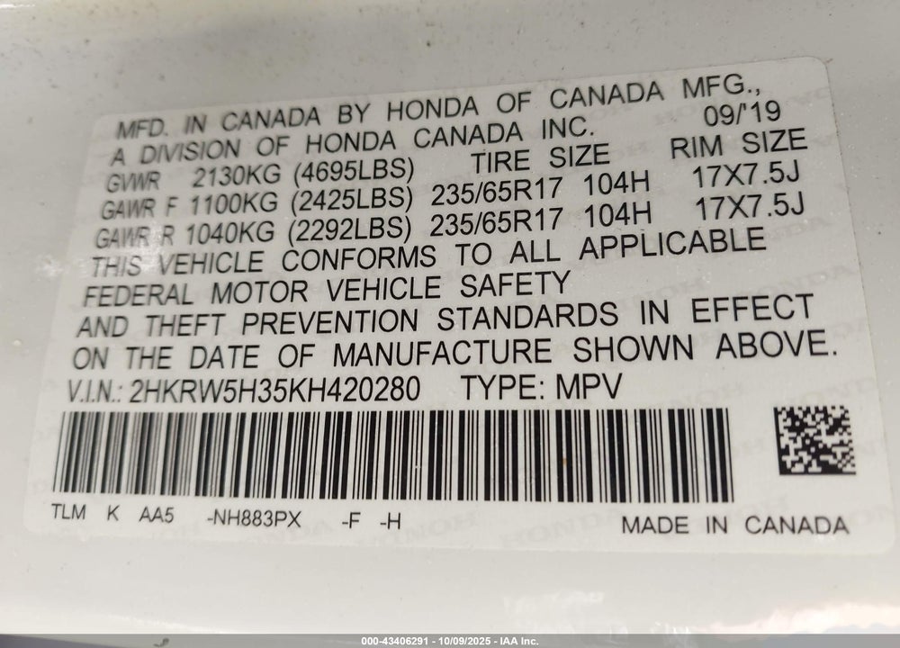 2019 HONDA CR-V LX VIN: 2HKRW5H35KH420280