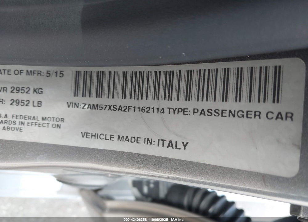 2015 MASERATI GHIBLI VIN: ZAM57XSA2F1162114