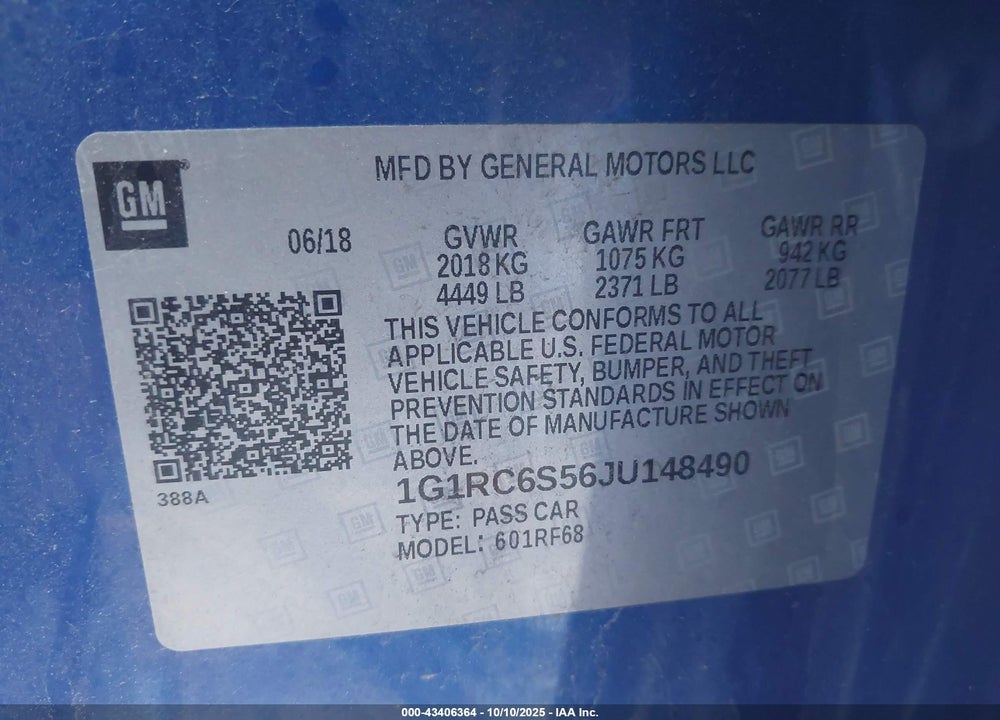 2018 CHEVROLET VOLT VIN: 1G1RC6S56JU148490