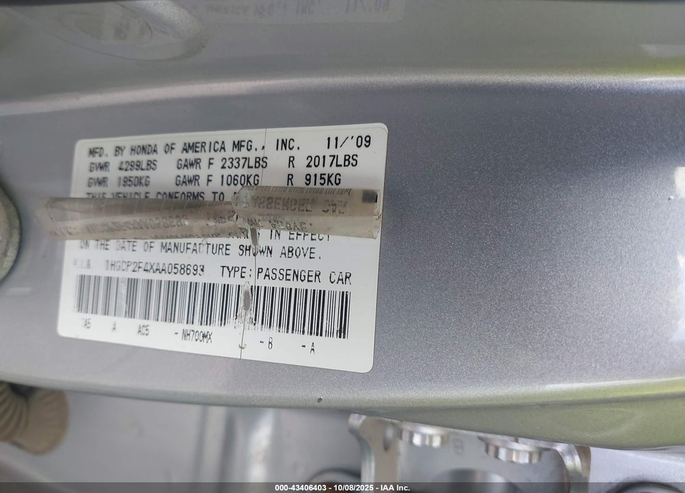 2010 HONDA ACCORD 2.4 LX-P VIN: 1HGCP2F4XAA058693