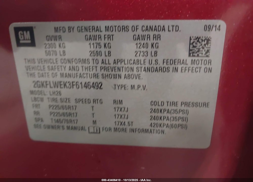 2015 GMC TERRAIN VIN: 2GKFLWEK3F6146492