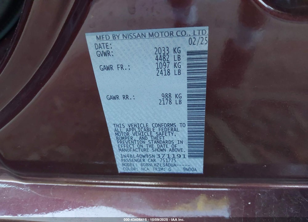 2025 NISSAN ALTIMA VIN: 1N4BL4DW9SN371191
