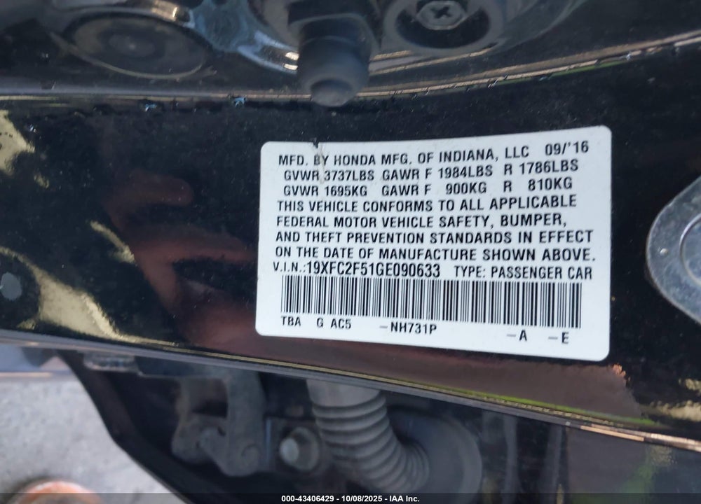2016 HONDA CIVIC LX VIN: 19XFC2F51GE090633