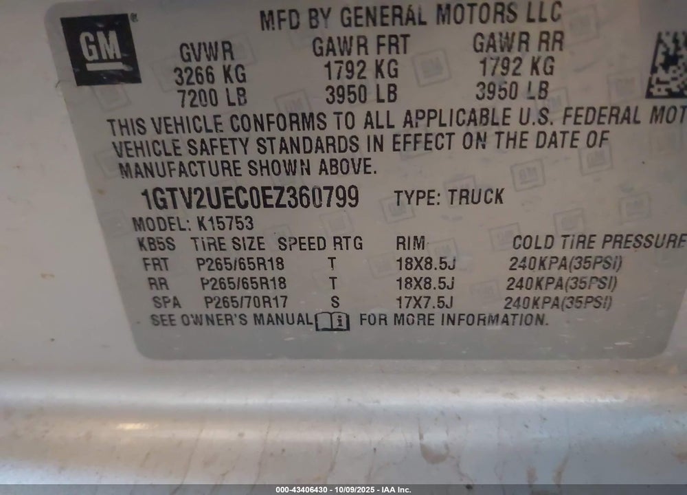 2014 GMC SIERRA 1500 VIN: 1GTV2UEC0EZ360799