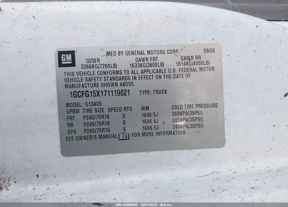 2007 CHEVROLET EXPRESS WORK VAN VIN: 1GCFG15X171119021