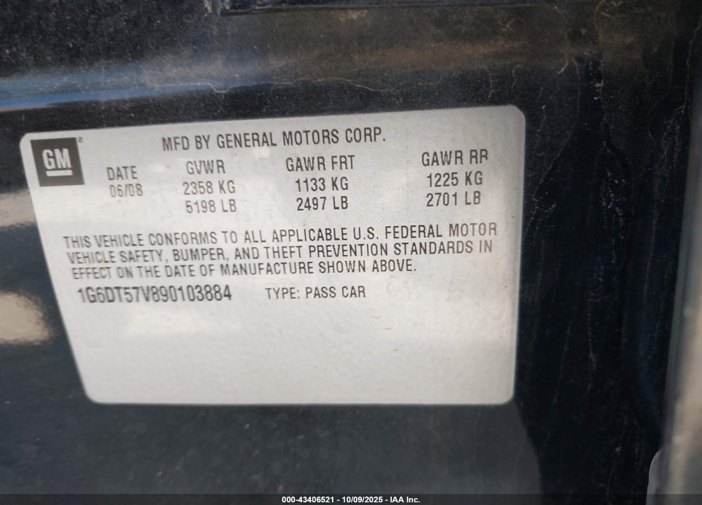 2009 CADILLAC CTS STANDARD VIN: 1G6DT57V890103884