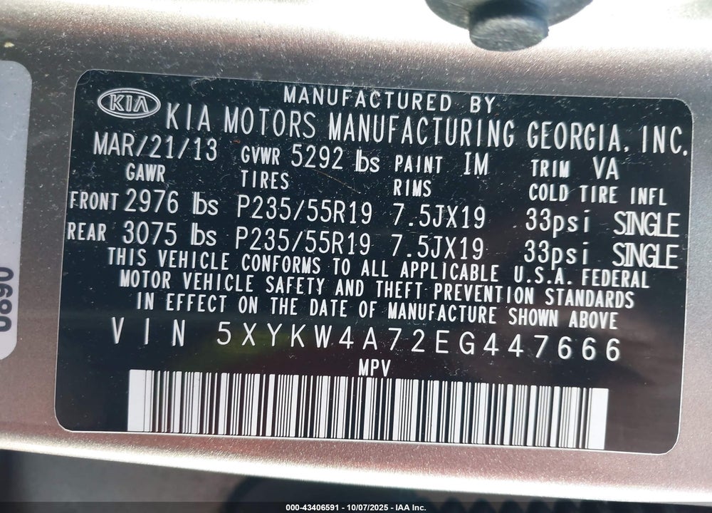 2014 KIA SORENTO VIN: 5XYKW4A72EG447666