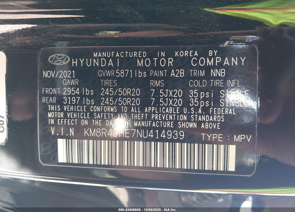 2022 HYUNDAI PALISADE VIN: KM8R4DHE7NU414939