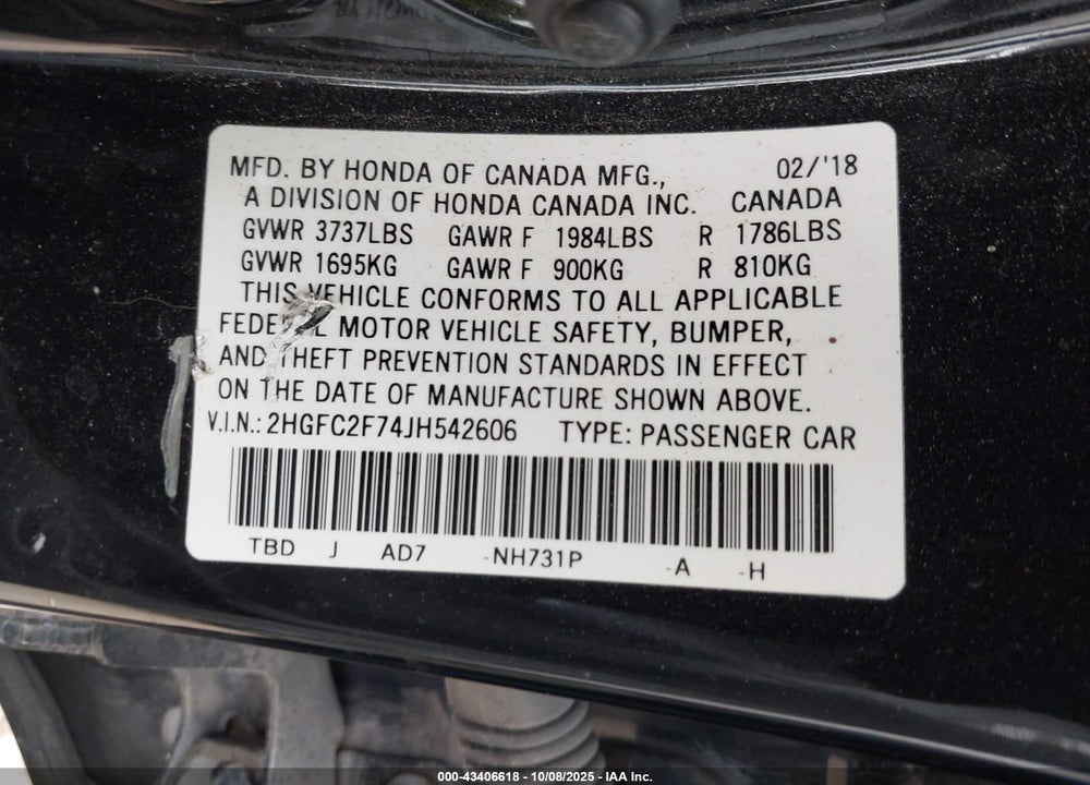 2018 HONDA CIVIC EX VIN: 2HGFC2F74JH542606