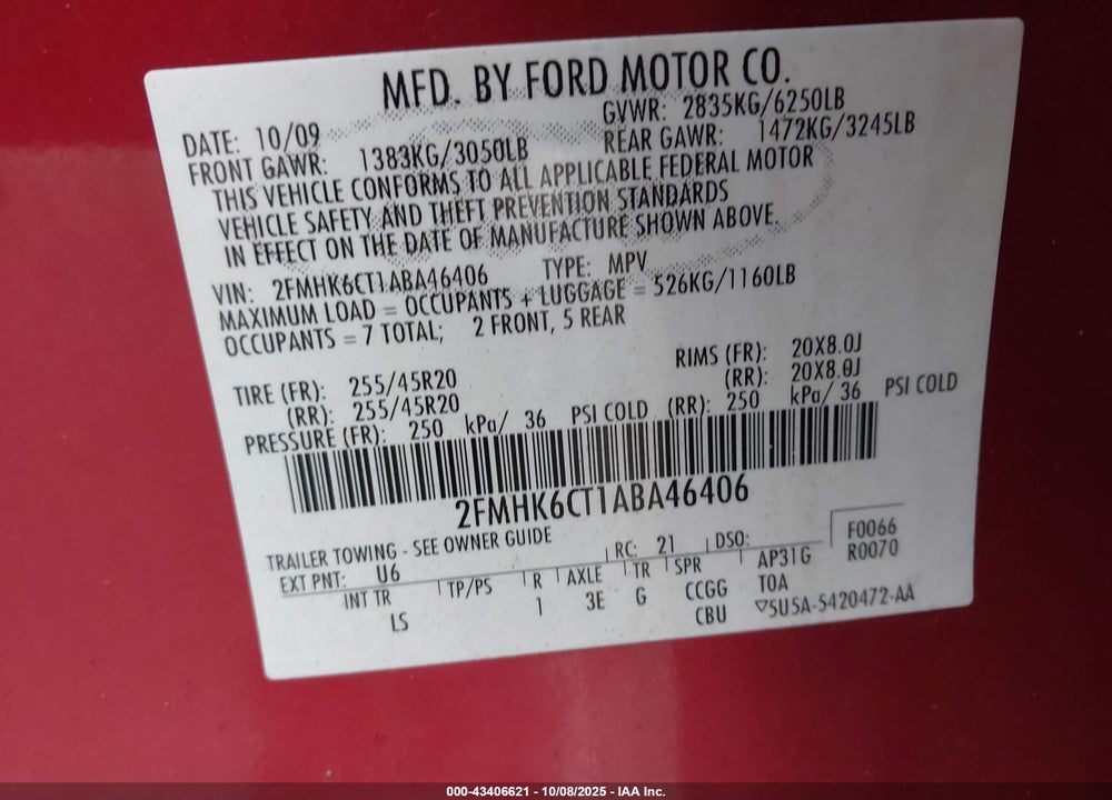 2010 FORD FLEX SEL VIN: 2FMHK6CT1ABA46406