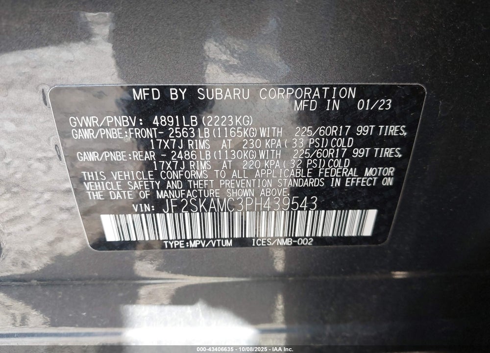 2023 SUBARU FORESTER VIN: JF2SKAMC3PH439543