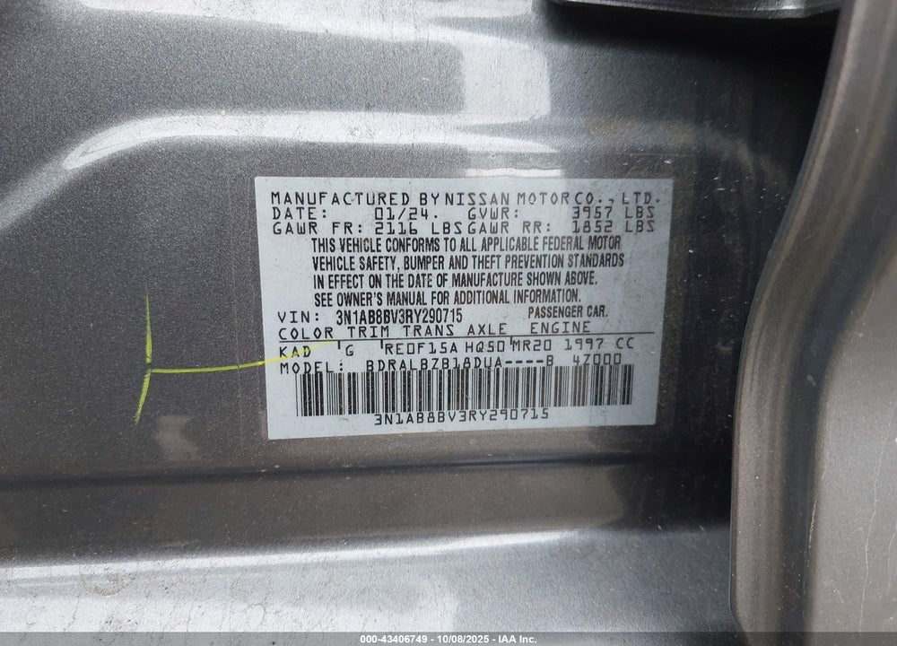 2024 NISSAN SENTRA S XTRONIC CVT VIN: 3N1AB8BV3RY290715