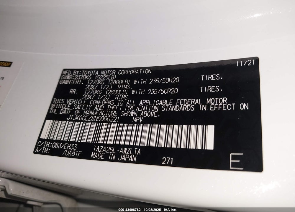 2022 LEXUS NX 350 VIN: JTJKGCEZ8N5000221