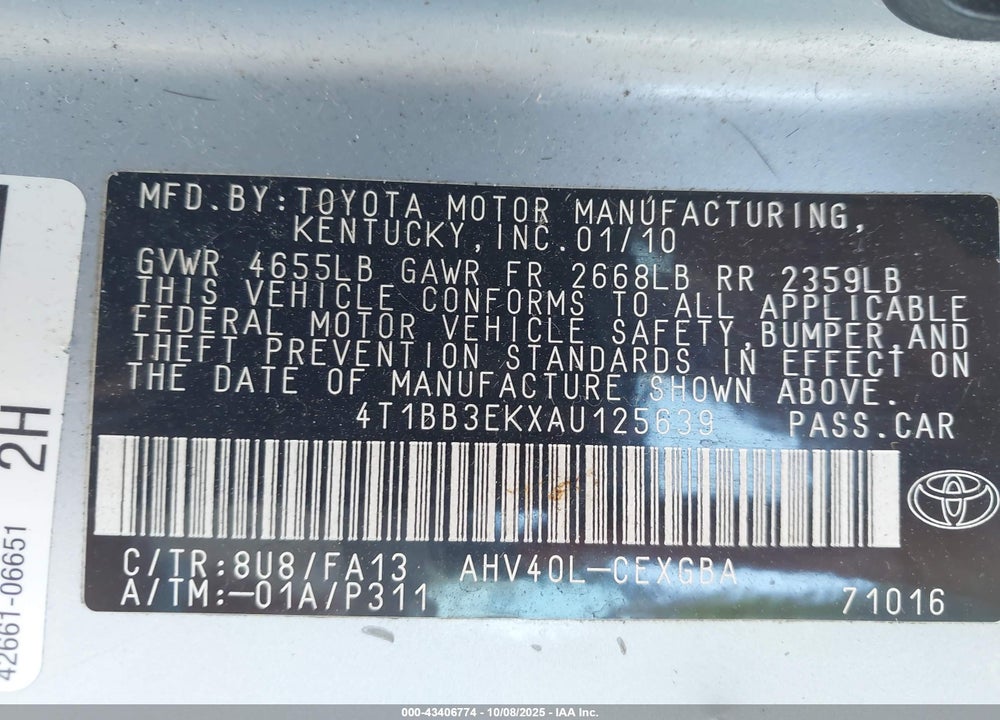 2010 TOYOTA CAMRY HYBRID VIN: 4T1BB3EKXAU125639
