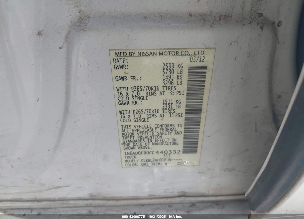2012 NISSAN FRONTIER VIN: 1N6AD0FR0CC440332