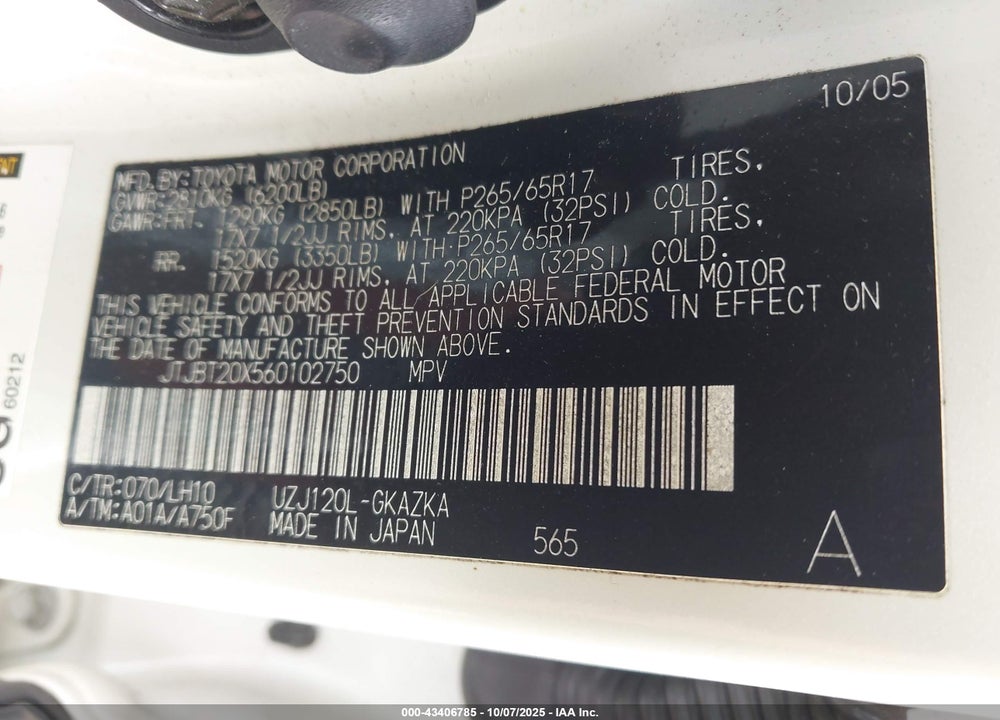 2006 LEXUS GX 470 VIN: JTJBT20X560102750