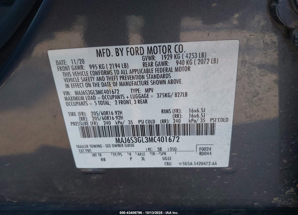 2021 FORD ECOSPORT SE VIN: MAJ6S3GL3MC401672