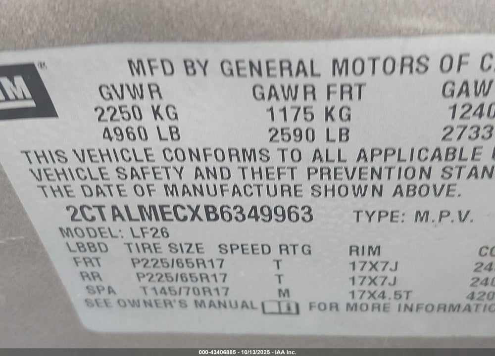 2011 GMC TERRAIN VIN: 2CTALMECXB6349963