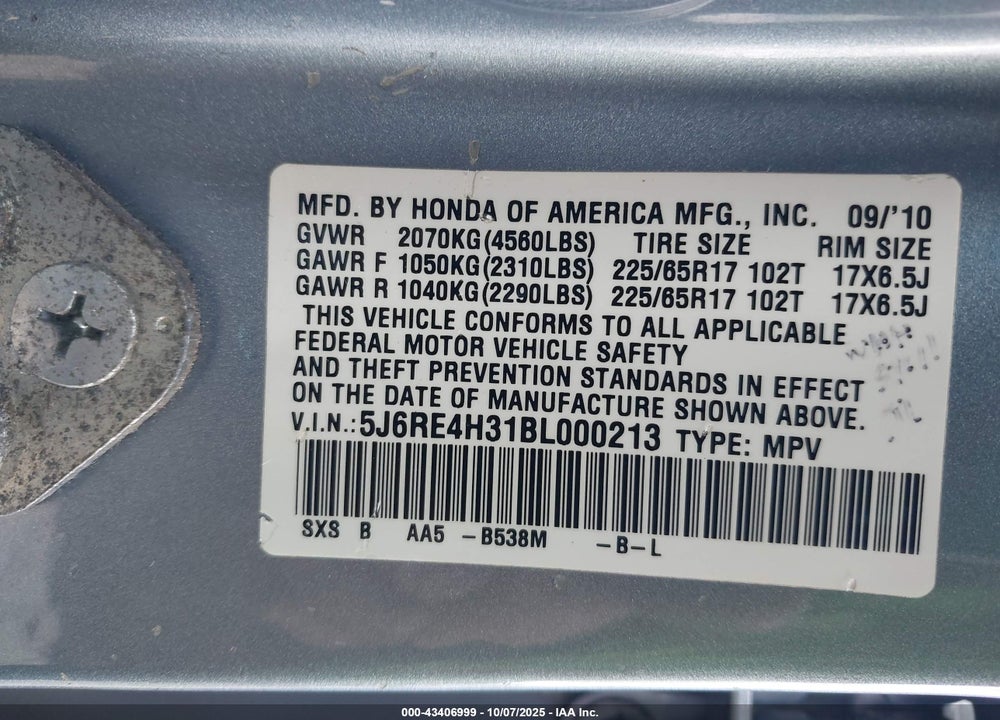 2011 HONDA CR-V VIN: 5J6RE4H31BL000213