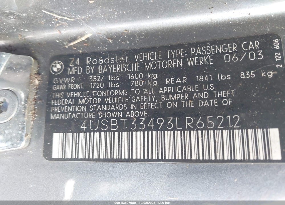 2003 BMW Z4 2.5I VIN: 4USBT33493LR65212