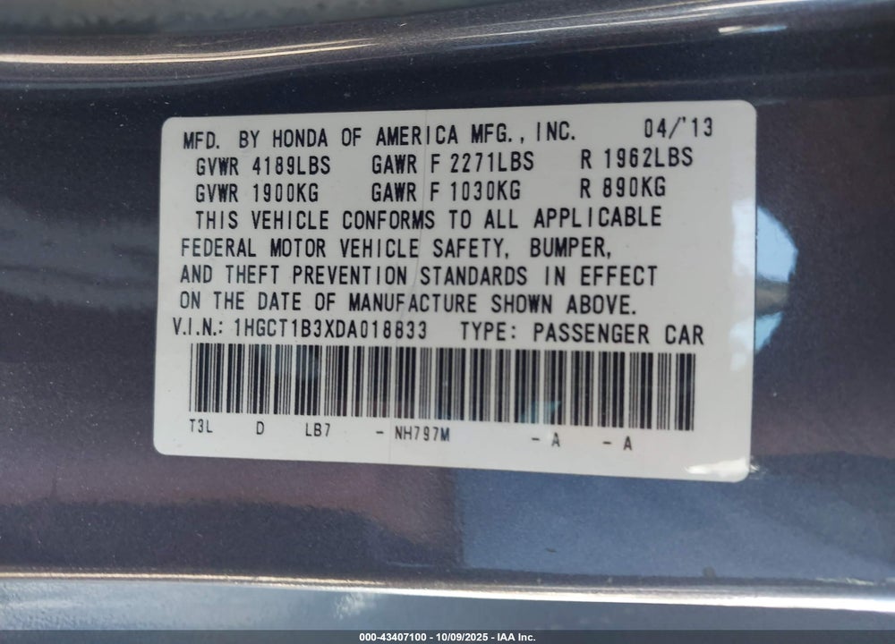 2013 HONDA ACCORD LX-S VIN: 1HGCT1B3XDA018833