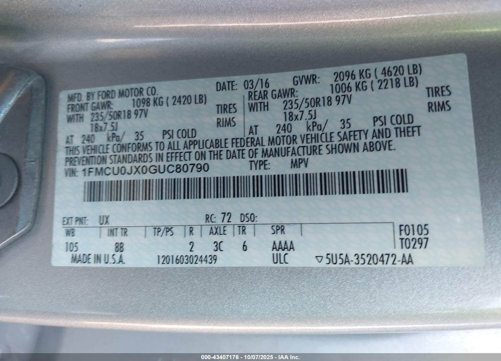 2016 FORD ESCAPE VIN: 1FMCU0JX0GUC80790