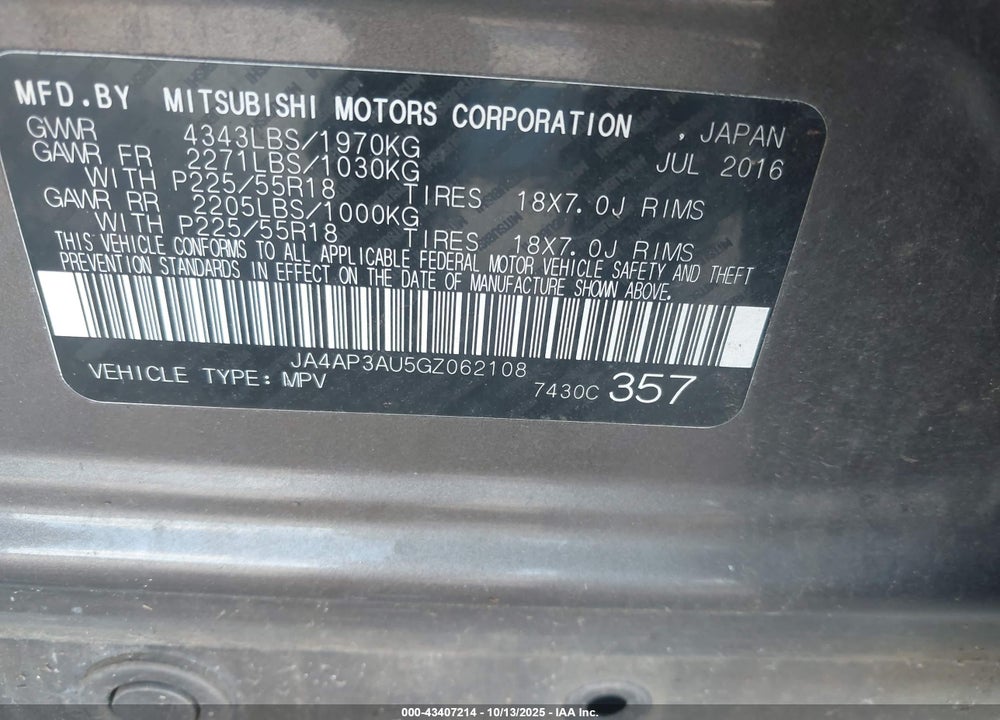 2016 MITSUBISHI OUTLANDER SPORT VIN: JA4AP3AU5GZ062108