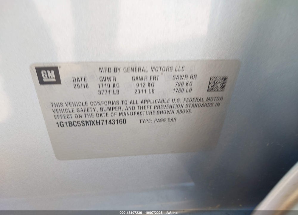 2017 CHEVROLET CRUZE VIN: 1G1BC5SMXH7143160
