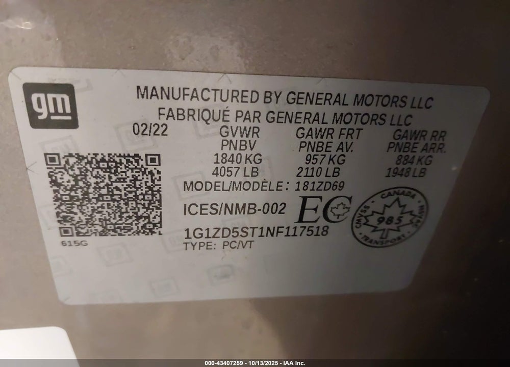 2022 CHEVROLET MALIBU VIN: 1G1ZD5ST1NF117518