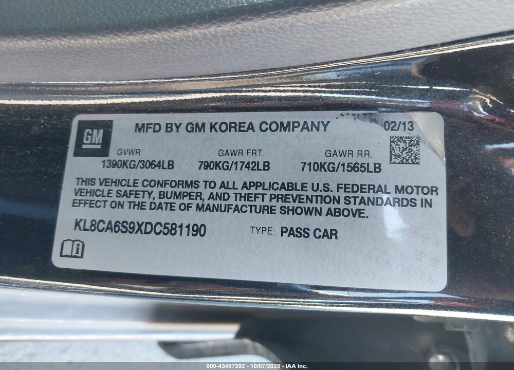 2013 CHEVROLET SPARK VIN: KL8CA6S9XDC581190