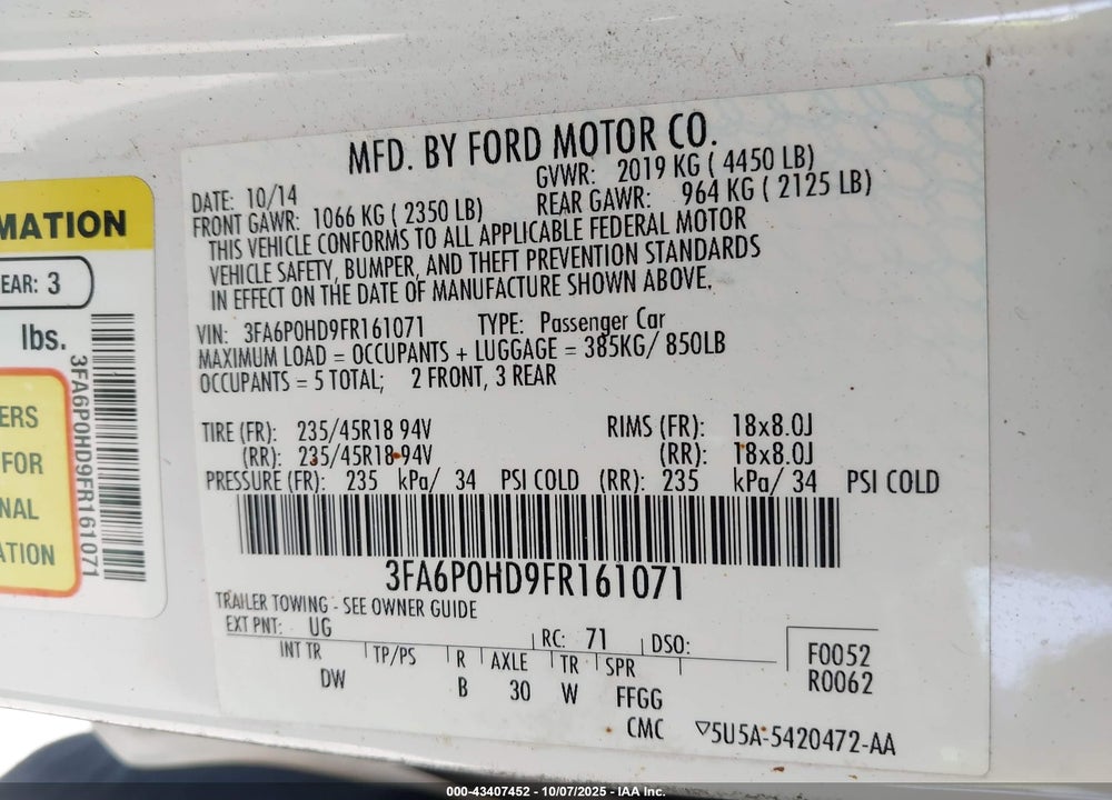 2015 FORD FUSION VIN: 3FA6P0HD9FR161071