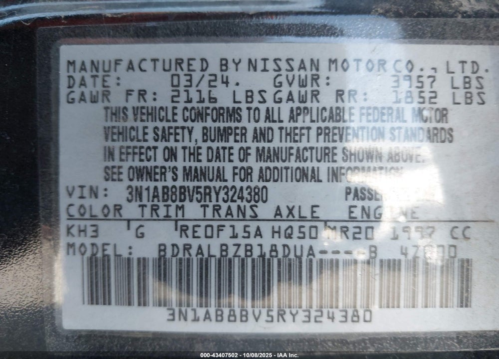 2024 NISSAN SENTRA VIN: 3N1AB8BV5RY324380
