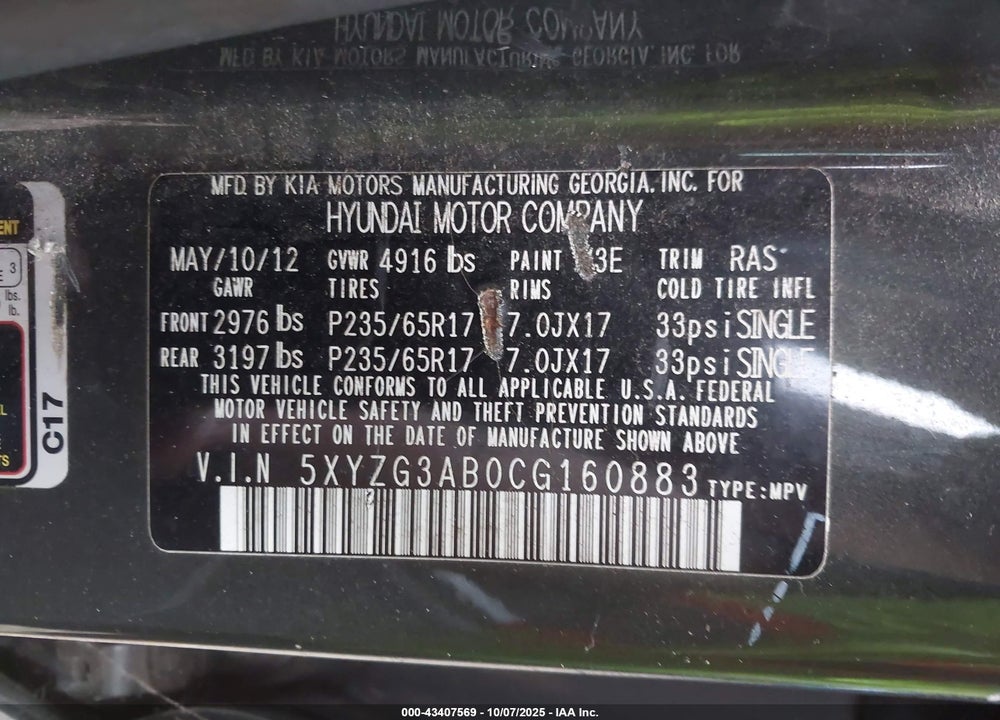 2012 HYUNDAI SANTA FE VIN: 5XYZG3AB0CG160883