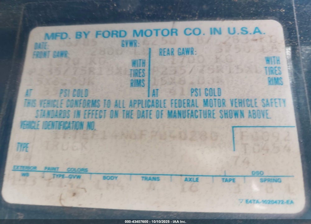 1985 FORD F150 VIN: 1FTEF14N6FPB40280