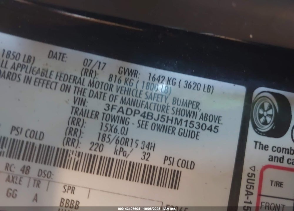 2017 FORD FIESTA VIN: 3FADP4BJ5HM153045