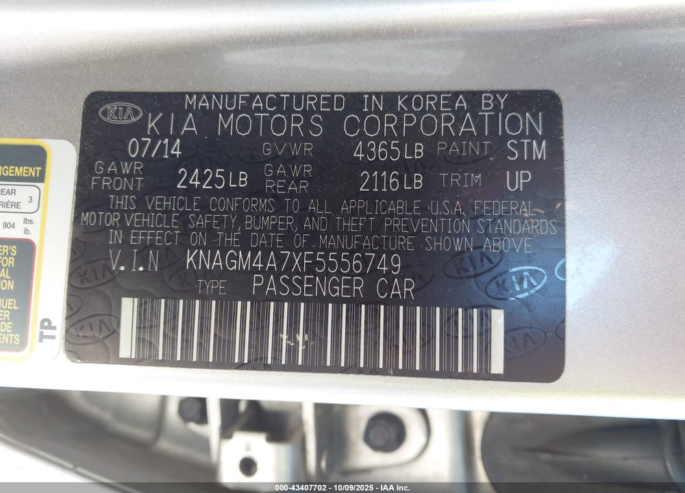 2015 KIA OPTIMA LX VIN: KNAGM4A7XF5556749