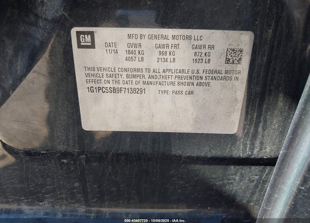 2015 CHEVROLET CRUZE VIN: 1G1PC5SB9F7138291