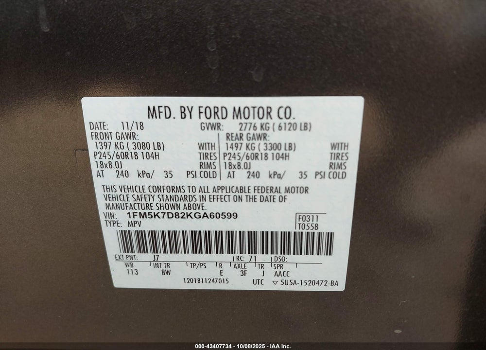 2019 FORD EXPLORER XLT VIN: 1FM5K7D82KGA60599